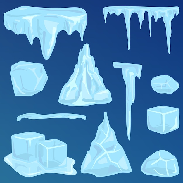Вектор Набор ледяных шапок сезонный стиль острый замороженный значок. сугробы сосульки и элементы зимнего декора векторные иллюстрации.