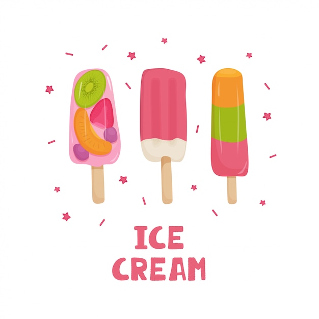 딸기, 키 위, 오렌지 아이스크림 세트. 만화 스타일의 아이스크림의 그림