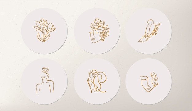 Набор иконок и эмблем для обложек новостей в социальных сетях с золотыми бабочками и женским цветком на белом фоне шаблоны дизайна для студии йоги, астролога, туризма, салонов красоты