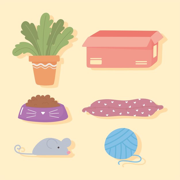 식물, 상자, 쿠션, 애완 동물 사료, 마우스 및 스레드 볼 아이콘 세트
