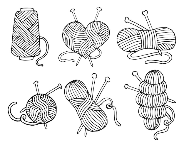 Набор иконок на тему вязания ручных мотков ниток и вязальных спиц