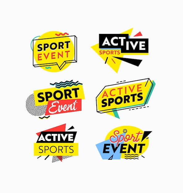 アイコンまたはバナーのセットスポーツイベント、スポーツワークアウトまたはトーナメント広告、競技のエンブレム、白い背景で隔離のラベルのためのアクティブなスポーツカラフルなタグまたはバッジ。ベクトルイラスト