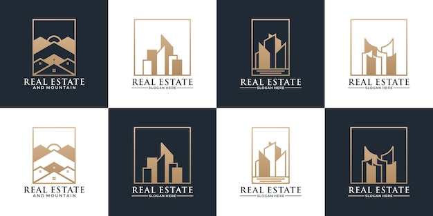 Набор идей дизайна логотипа ипотеки недвижимости с золотым цветом