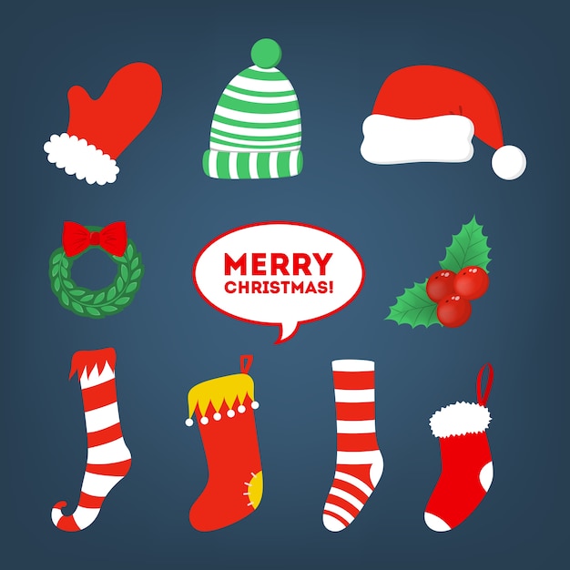 크리스마스와 새 해 스티커의 그림의 집합입니다. 파티 및 온라인 채팅을위한 크리스마스 장식 및 텍스트 배너의 다채로운 요소. 낙서 아이콘