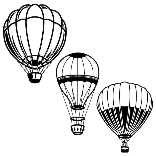 気球のイラストのセットです。ロゴ、ラベル、エンブレム、記号の要素。画像