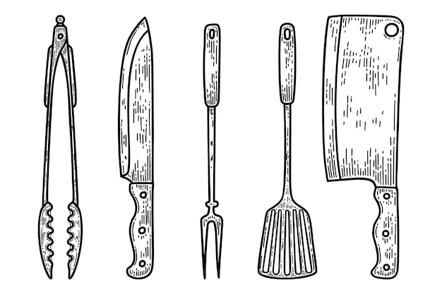 조각 스타일의 주방 삽화 세트 부엌 칼 포크 고기 식칼 로고 레이블 사인 포스터 티셔츠 벡터 그림을 위한 디자인 요소