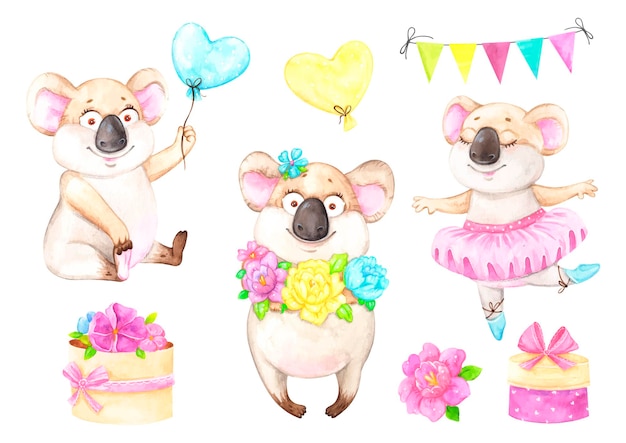 Вектор Набор иллюстраций коала день рождения