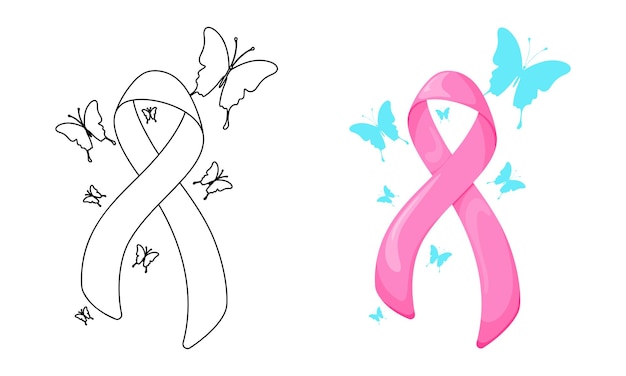 Набор иллюстраций розовая лента с бабочками на белом фоне в повседневном стиле