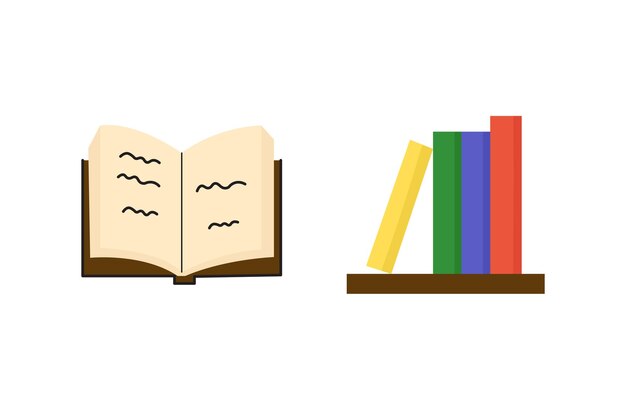 Вектор Набор иллюстраций с книгами на полке и изолированным словарем