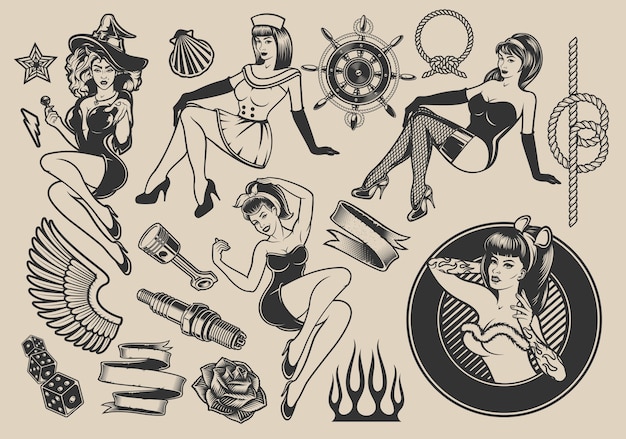 ベクトル ピンナップガール、マリンデザイン、ロカビリー、ハロウィーンのテーマの要素を持つ女の子とイラストのセット。