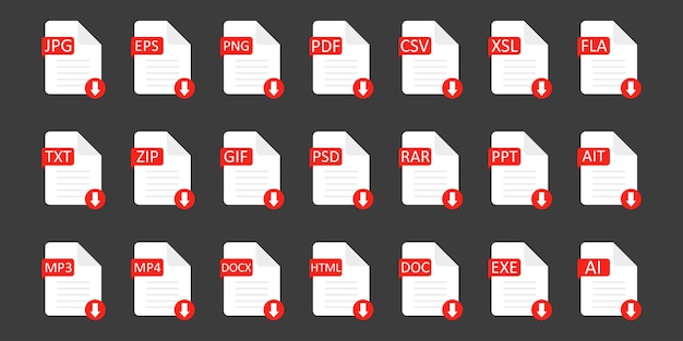 벡터 이미지 파일 형식 아이콘의 집합입니다. pdf, doc, excel, png, html, doc, jpg, eps, psd, gif 및 csv 세트