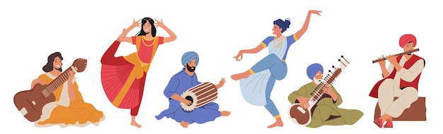 ベクトル 伝統的な楽器で音楽を演奏するストリートで演奏するカラフルなドレスのインドのストリートアーティストミュージシャンとダンサーのキャラクターのセットドラムフルートシタール漫画の人々ベクトルイラスト