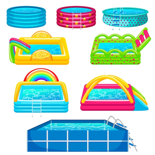 ベクトル 子供子供の休暇のための青い水とインフレータブル プールのセット オレンジ スライスとカラフルなスライド プール サイド虹チューブ アーチ装飾白い背景のベクトル図に分離