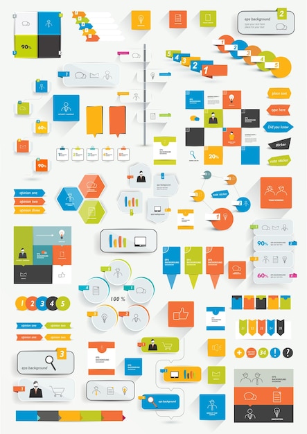 인포 그래픽 평면 디자인 요소 집합 다양 한 색 구성표 상자 연설 거품 차트 벡터 일러스트 레이 션