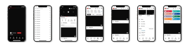 ソーシャルネットワーク用のyoutubeテンプレートフレームを備えたiphoneのセット。 iphone画面のyoutubeモックアップ