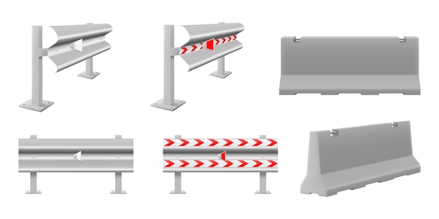 벡터 하 바탕에 고립 된 마크업으로 도로를 차단하기위한 철 콘크리트 도로 장벽 세트