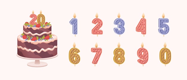 벡터 축하를 위해 분리 된 불타는 숫자 모양의 불 세트. 기념일의 생일 초콜릿 케이크와 매년 불은 밝은 배경에 평평한 터 일러스트.