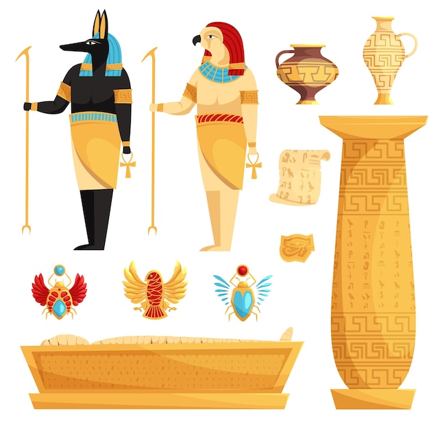 Набор изолированных египетских или египетских символов фреска древнего египта египетская мифология