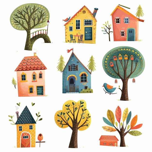 Vector set_of_isolated_houses_for_children_on_trees