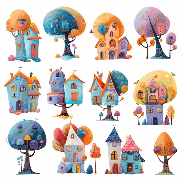 Vector set_of_isolated_houses_for_children_on_trees