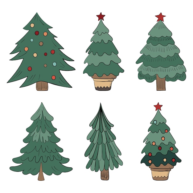 Набор изолированных иллюстраций вручную нарисованных рождественских елк
