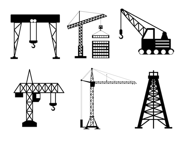 Набор изолированных силуэтов подъемных кранов на белом фоне