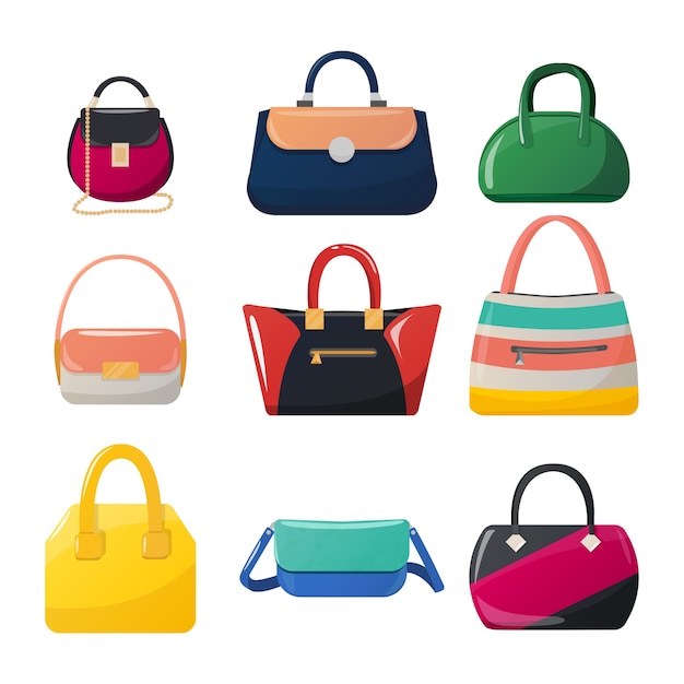 Набор изолированных женщин сумочка. женские сумки иконы. модные и гламурные сумки.