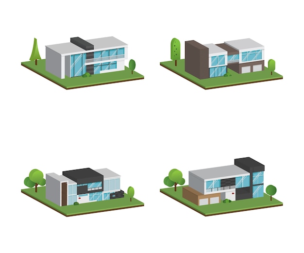 Набор изометрических и трехмерных четырех домов и современный дизайн домов.