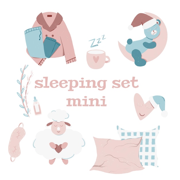 ベクトル より良い睡眠のためのアイテムのセット パジャマ 枕 オイル ムーン フェイス マスク リラクゼーション 睡眠の概念