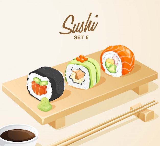 Набор японской кухни: набор смешанных суши на деревянной тарелке