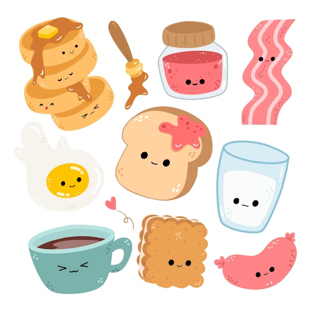 Набор kawaii breakfast doodle clipart