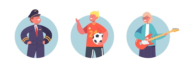 Набор детских профессий: музыкант, пилот и футболист, изолированные иконы или аватары с детьми в костюмах