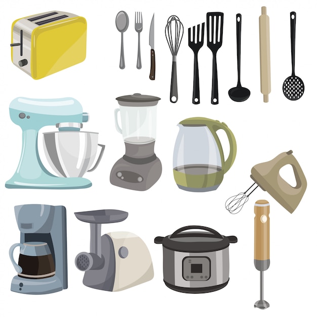Набор кухонной утвари. коллекция техники для кухни. кулинарные инструменты.