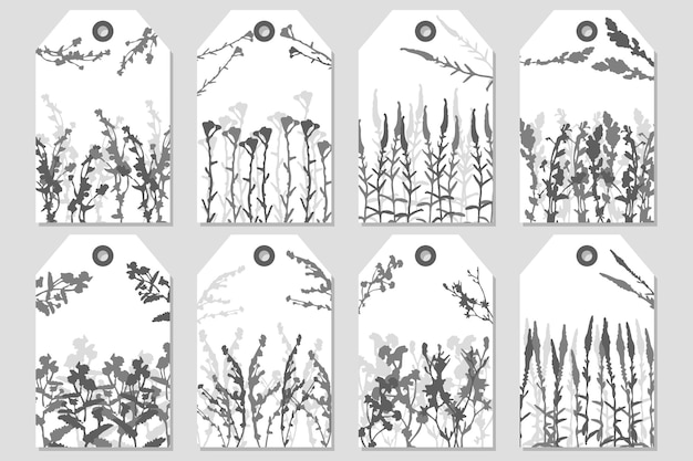 ラベル、ステッカー、ポスター、野の花や植物を使ったグリーティングカードのセット。ベクター