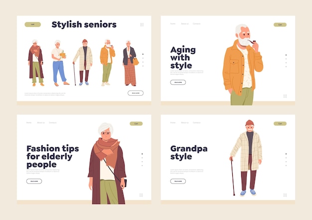 ベクトル 高齢者向けのトレンディな服装とカジュアルなスタイルを提供するオンライン ショッピング サービスのランディング ページのセット