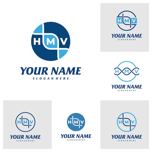 Dna 로고 디자인 서식 파일 초기 Hmv 로고 개념 벡터 상징 크리에이 티브 기호 아이콘 문자 Hmv의 집합