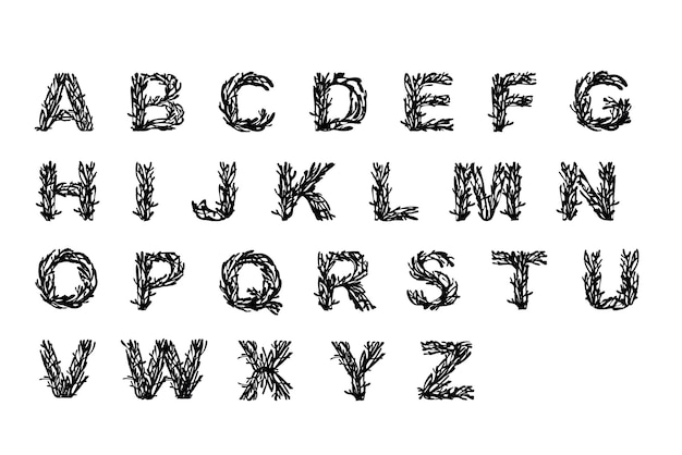 Вектор Набор букв алфавит черный силуэт водоросли подводные океанские растения морские коралловые элементы плоские векторные иллюстрации на белом фоне