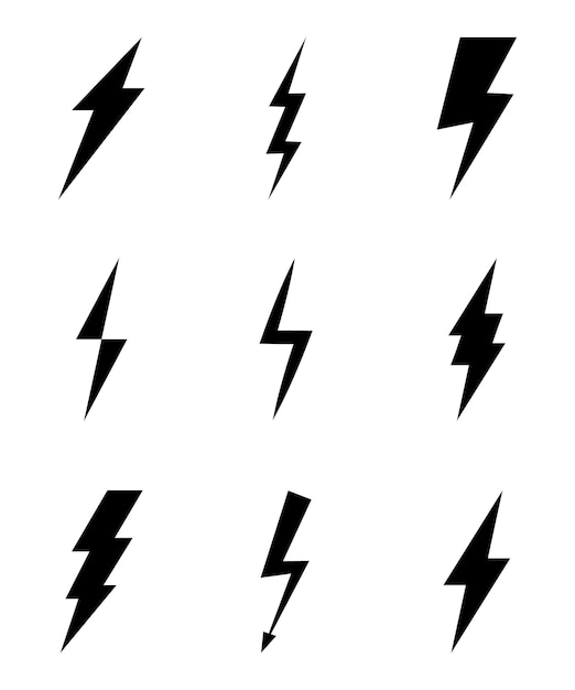 Набор плоских иконок молнии. знак вспышки молнии. символ энергии, грома, электричества. быстрота, мощь, скорость. электрическая застежка-молния с затенением и линейными графическими эффектами