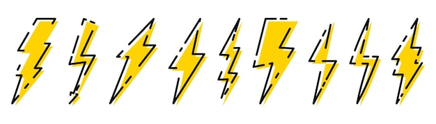 Lightningフラットアイコンのセットです。稲妻のフラッシュサイン。エネルギー、雷、電気のシンボル。高速、パワー、スピード。シェーディングとライングラフィック効果を備えた電動ジッパーボルト