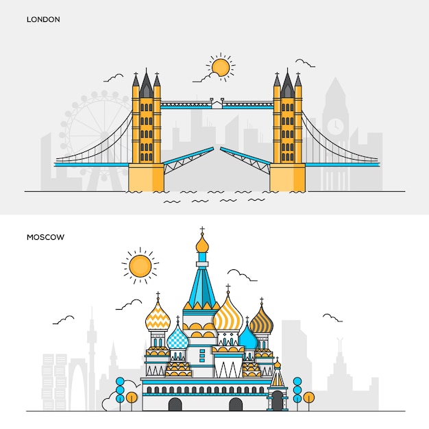 ロンドン市とモスクワ市の線色バナーsのセット。コンセプトwebバナーと印刷物。図