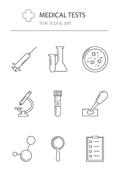 라인 아이콘 의료 연구 및 분석 세트