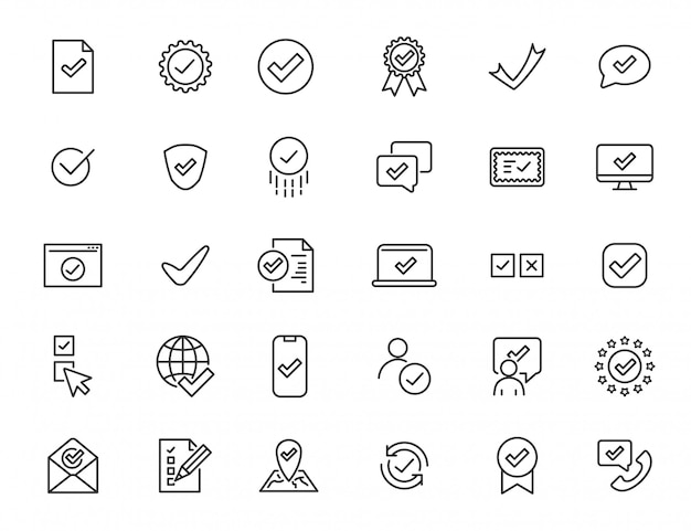 Набор иконок линейного утверждения. проверьте значки в простом дизайне. векторная иллюстрация