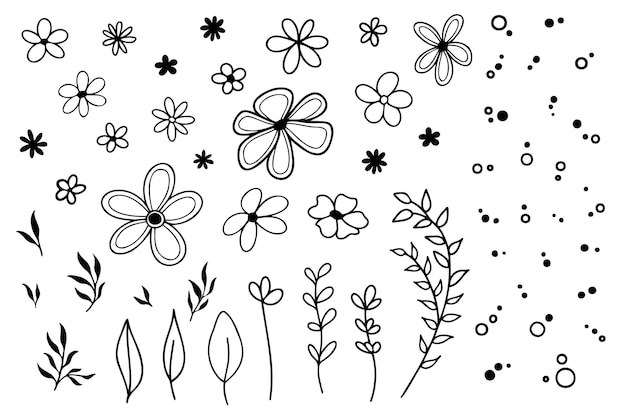 ベクトル 線形の黒い花のセットは、小枝と円の手描きの背景スケッチを残します