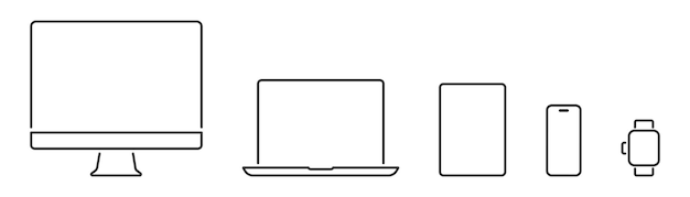 벡터 선형 장치 아이콘 집합 컴퓨터 노트북 태블릿 스마트폰 시계 템플릿 장치 화면 모형