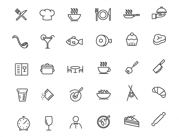 Набор линейных ресторан иконок. продовольственные иконки в простом дизайне