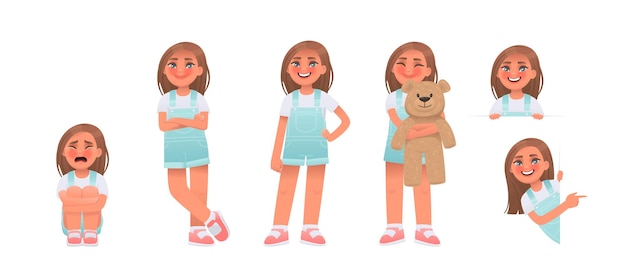 Вектор Набор персонажей маленькой девочки в разных позах и действиях милый ребенок плачет, позирует обнимающим медведя