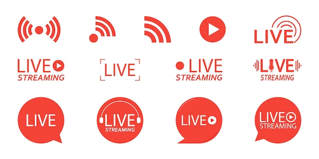 ライブストリーミングアイコンのセットテレビ番組映画やライブパフォーマンスのためのライブストリーミング放送オンラインストリーム3番目のテンプレートの赤い記号とボタンベクトル図