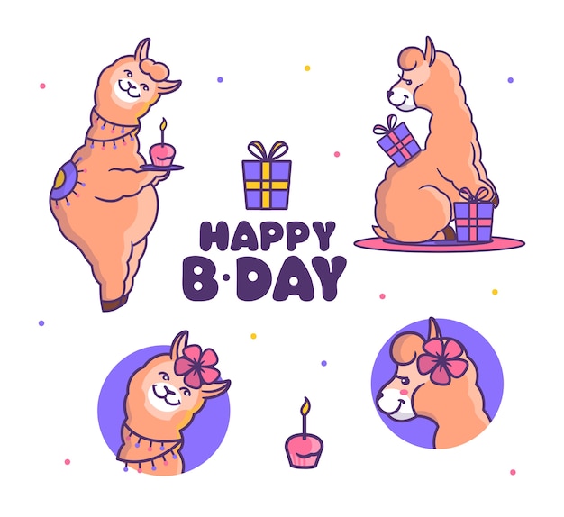 Набор лам альпак на день рождения. мультяшные животные с коробками подарков и сладких кексов.