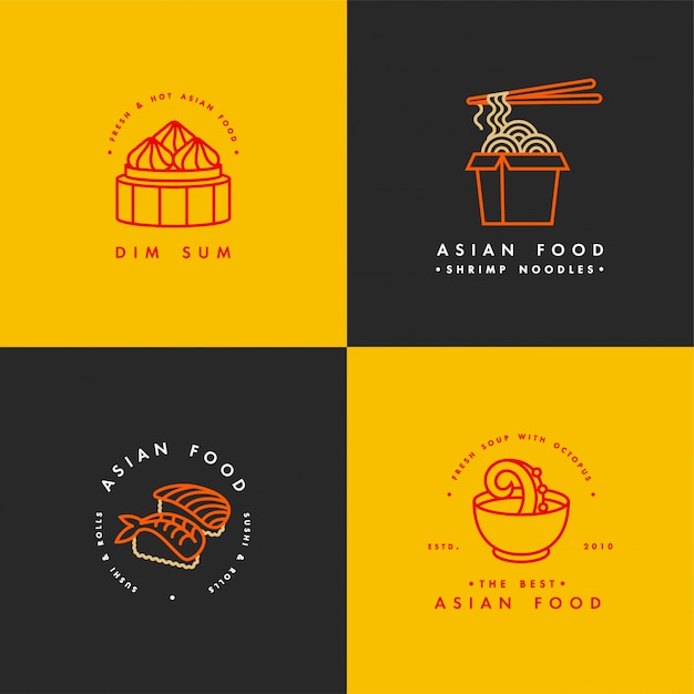 벡터 로고 디자인 서식 파일 및 엠 블 럼 또는 배지 집합입니다. 아시아 음식-국수, 딤섬, 수프, 초밥. 선형 로고, 황금색 및 빨간색