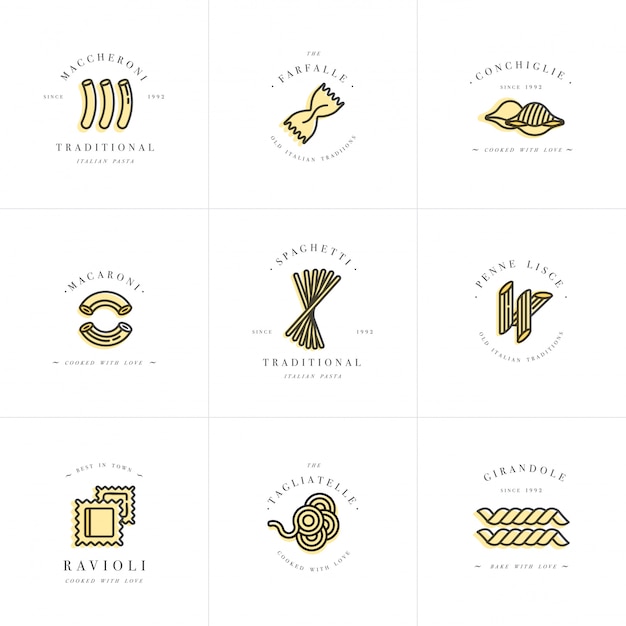ロゴデザインテンプレートとエンブレムやバッジのセット。イタリアのパスタ-麺、マカロニ。線形ロゴ。